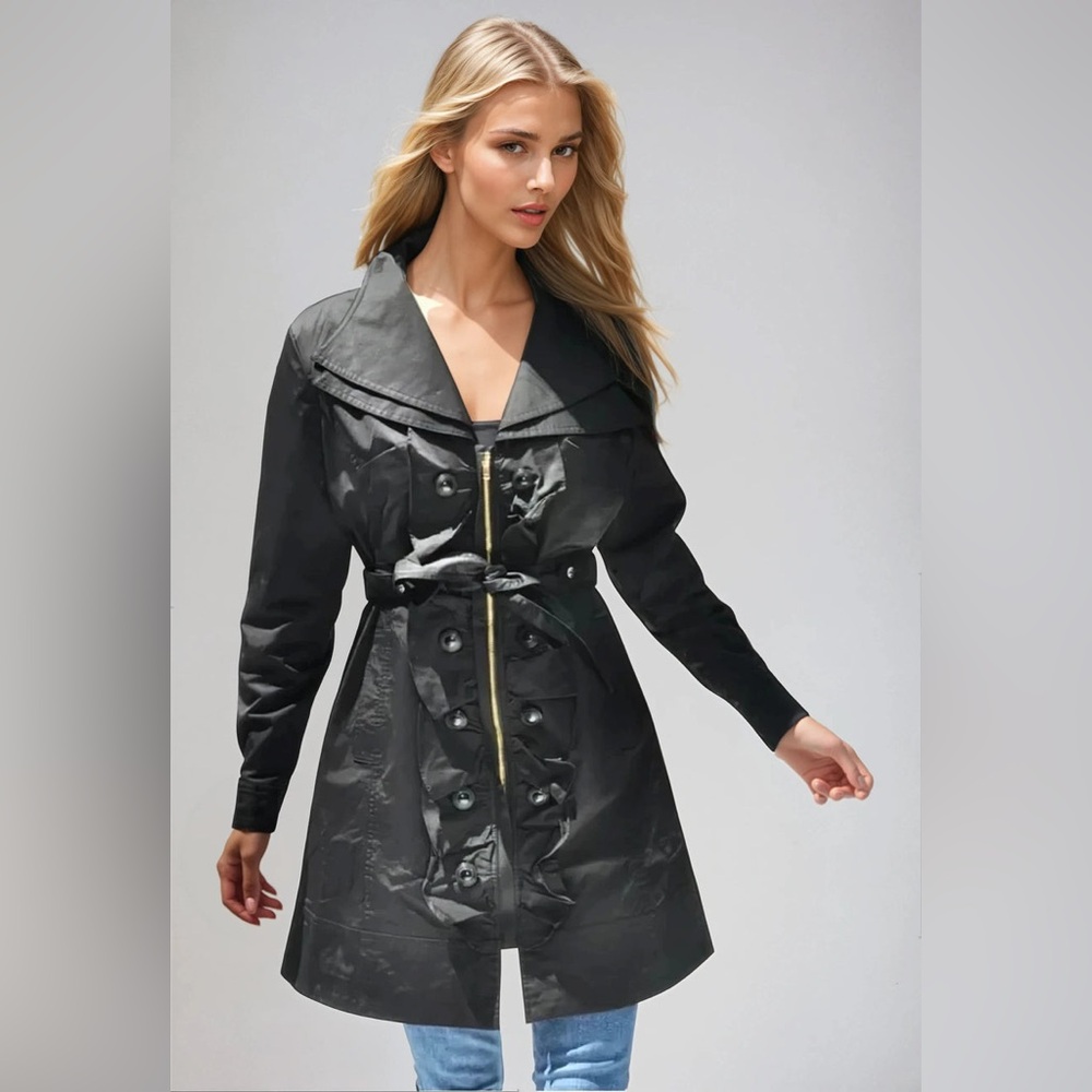 Ciao Milano Livia black ruffle tie waist Raincoat NWT $149